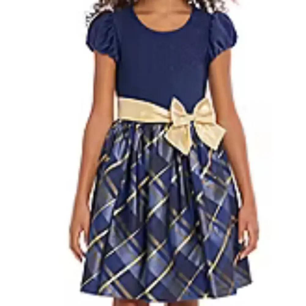 Bonnie Jean Little & Big Kid Girls Short Sleeve Fit+Flare Dress Blue & Gold Sz.7